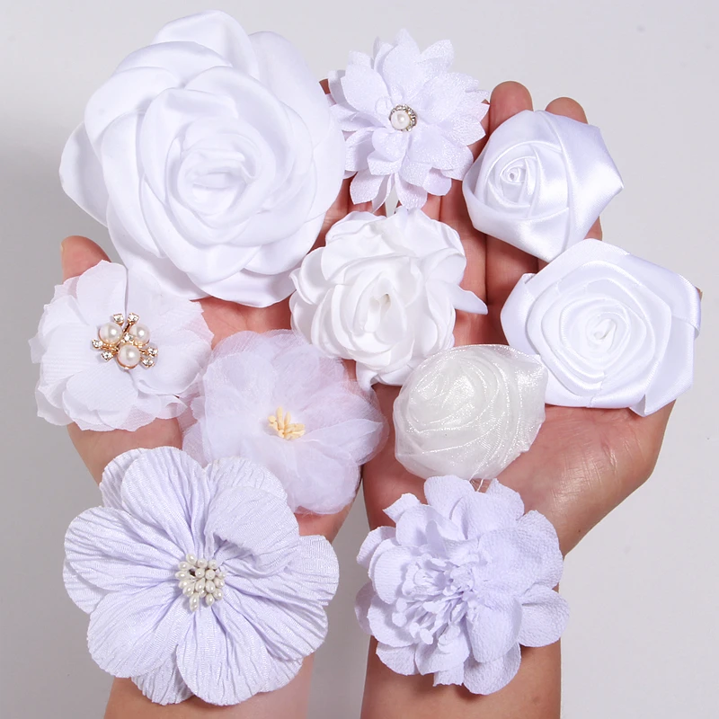 10 ชิ้น/ล็อต Vintage ประดิษฐ์ดอกไม้อุปกรณ์เสริมสําหรับชุดเครื่องแต่งกาย DIY Rosette ผ้าผ้าไหม Organza ลูกไม้ดอกไม้เด็กผู้หญิงเด็ก