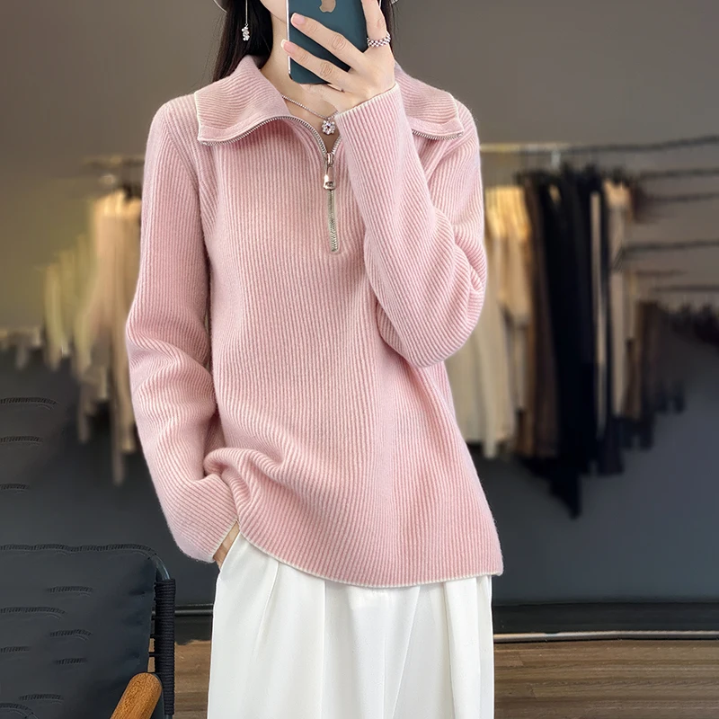 

CAIXINGLE Zipper Lapel Women's Sweater 100% Pure Wool Autumn Winter Warm Pullover Comfortable Loose Knitted Top Women's Clothing