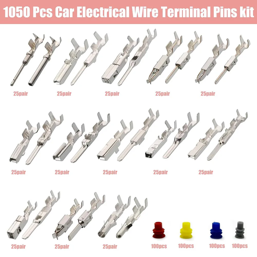 1050Pcs-26Type Auto Electric Connector Pins,1/1.5/1.8/2.2/2.8/3.5mm Male Female Car Electrical Wire Terminal Pins Connector Kit