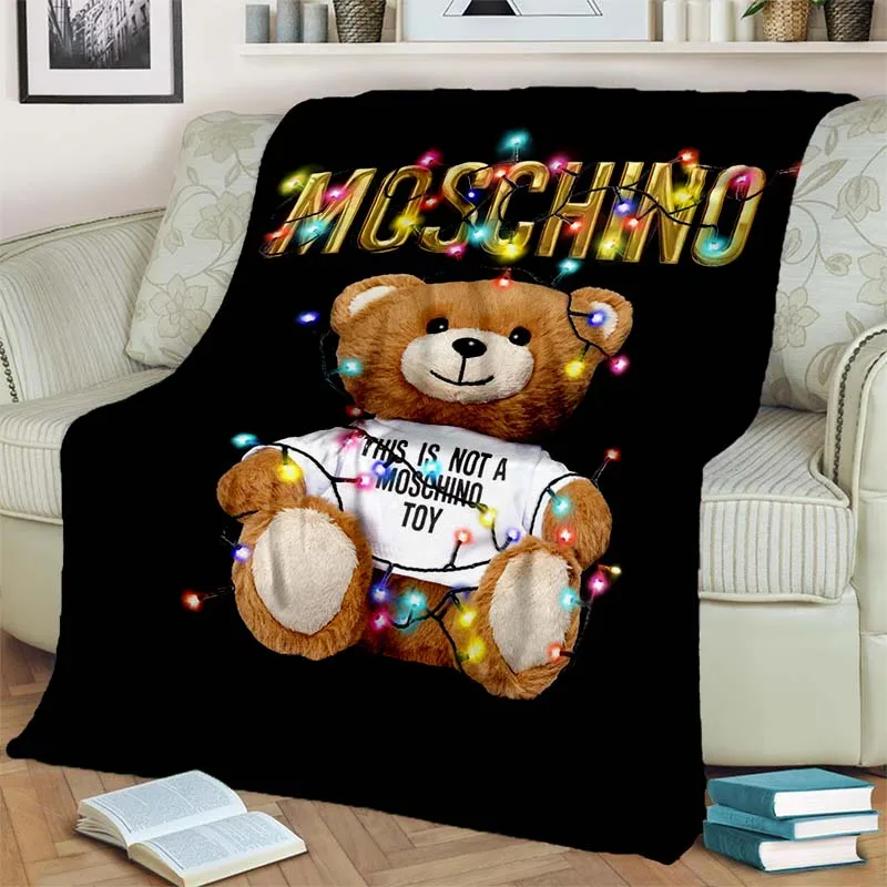 Cartoon Cute M-Moschino Logo Printed Plush Blanket Hotel Sofa Bed Warm Portable Office Gift Picnic Travel Portable Blanket Gift