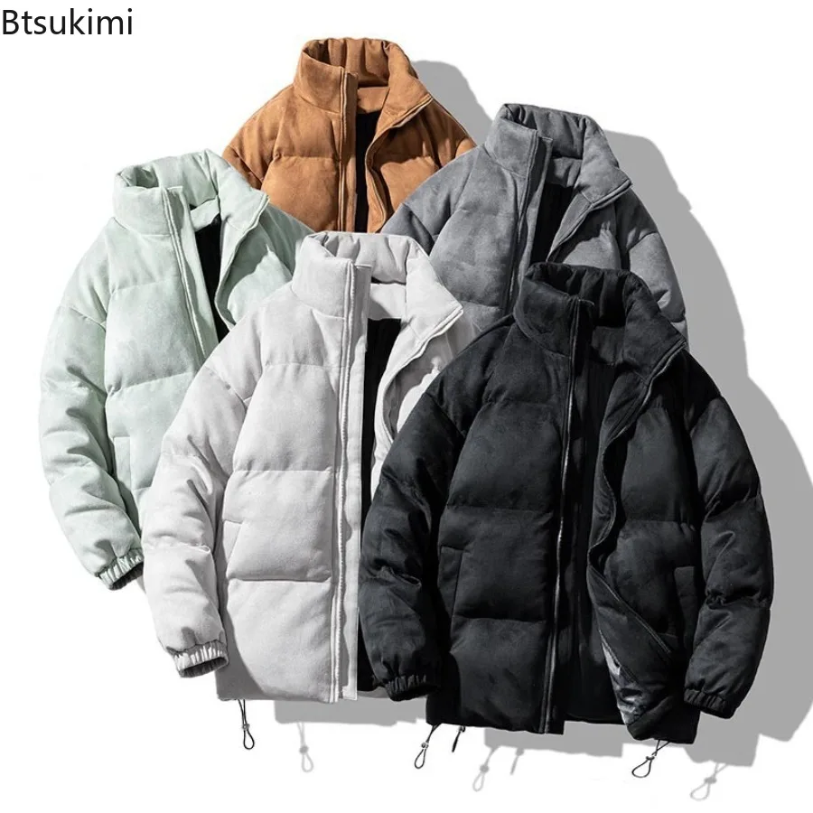 New Men's Autumn Winter Thicken Suede Parkas Fashion Harajuku Casual Warm Cotton-padded Jackets Stand Collar Solid Men Outerwear