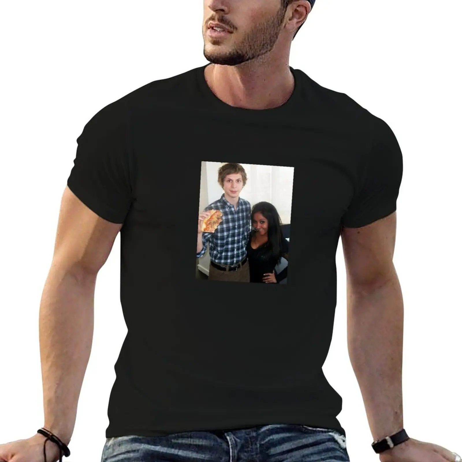 

michael cera holding a large pizza next to snooki T-Shirt mens graphic t shirts t shirts cotton 100% T-Shirt