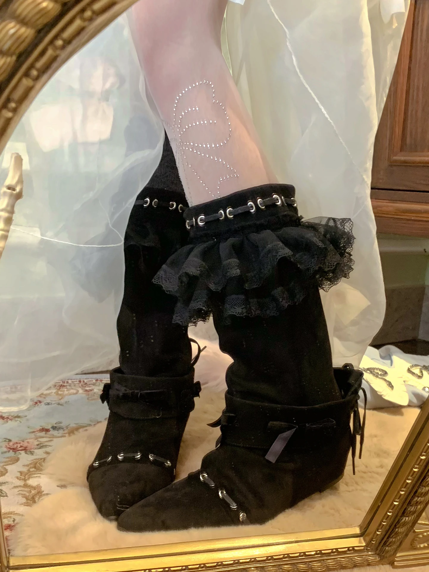 

Pinkyo Original Lace Edged Bow Dark Wind Medium Boots Retro Lolita Japanese Strap Subculture Pointed Boots For Women