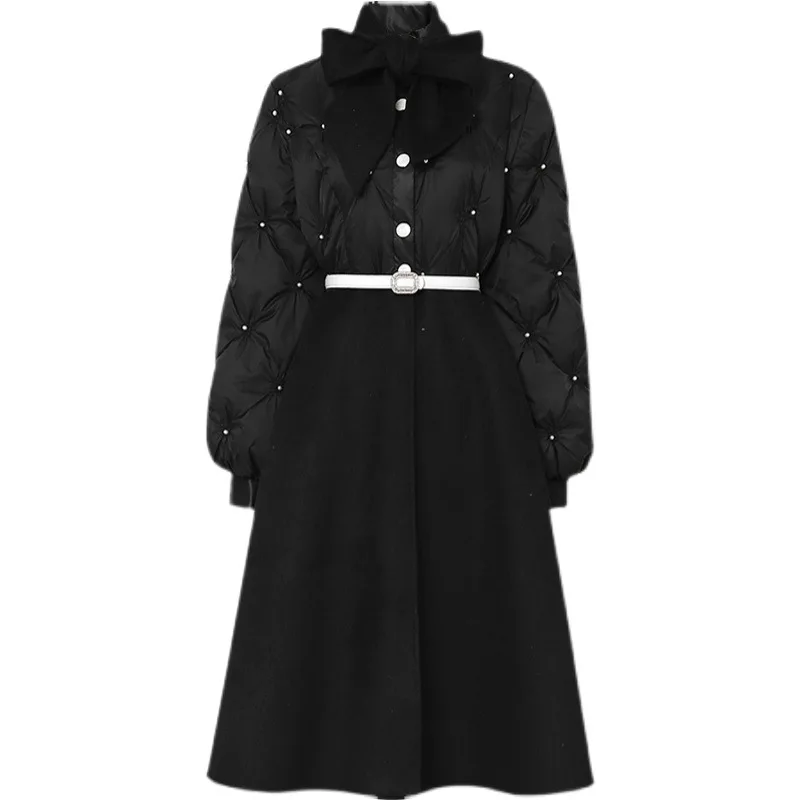 Butterfly Collar Bead Parkas Women Winter Single Breasted Belt Quilted Jacket Dress Mid Long Slim Coat Warm Streetwear 2024 New