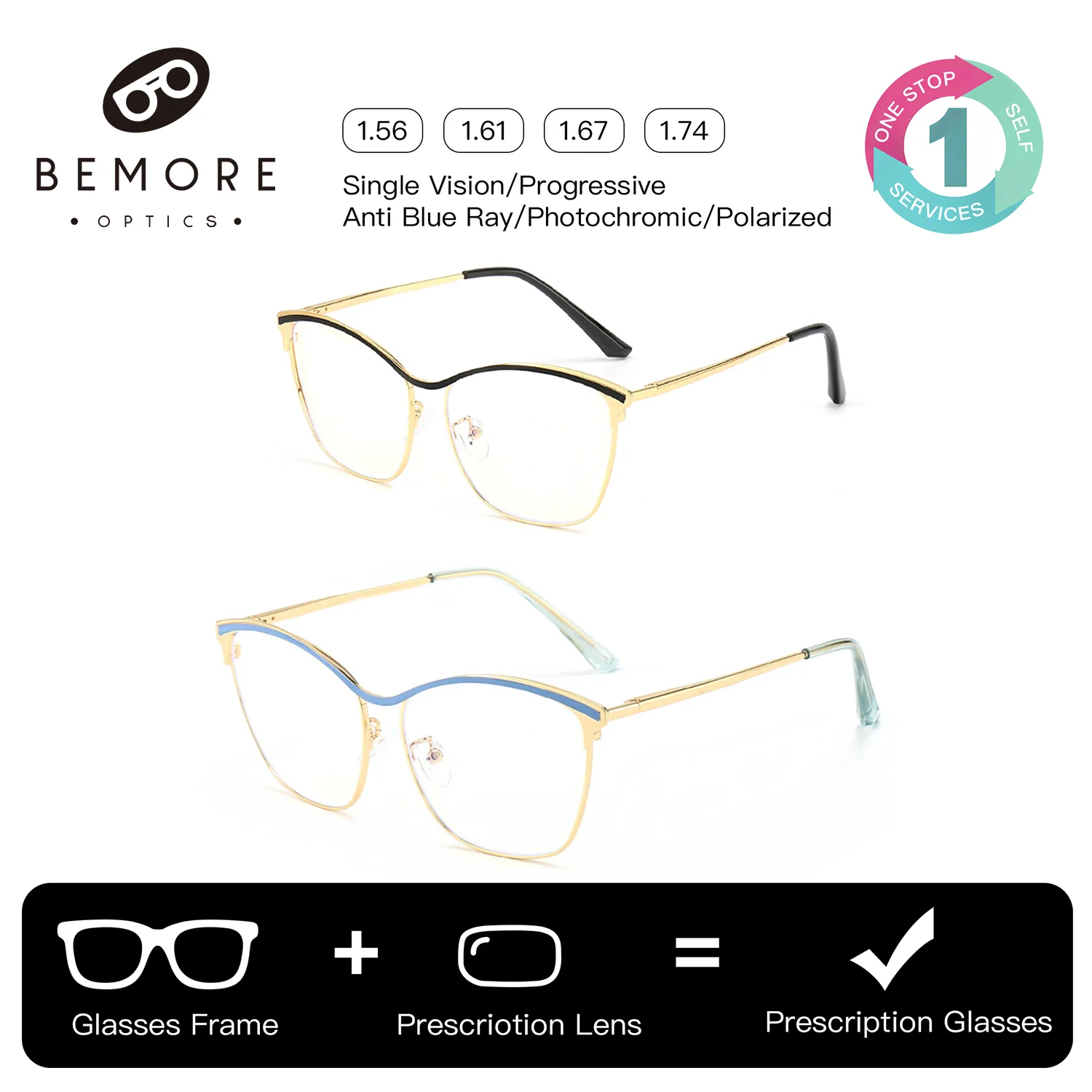 BEMORE Metal Cat Eye Prescription Glasses Custom Woman Anti-Blue Ray Photochromic Personalized Graduation Lenses Optical Eyeglas
