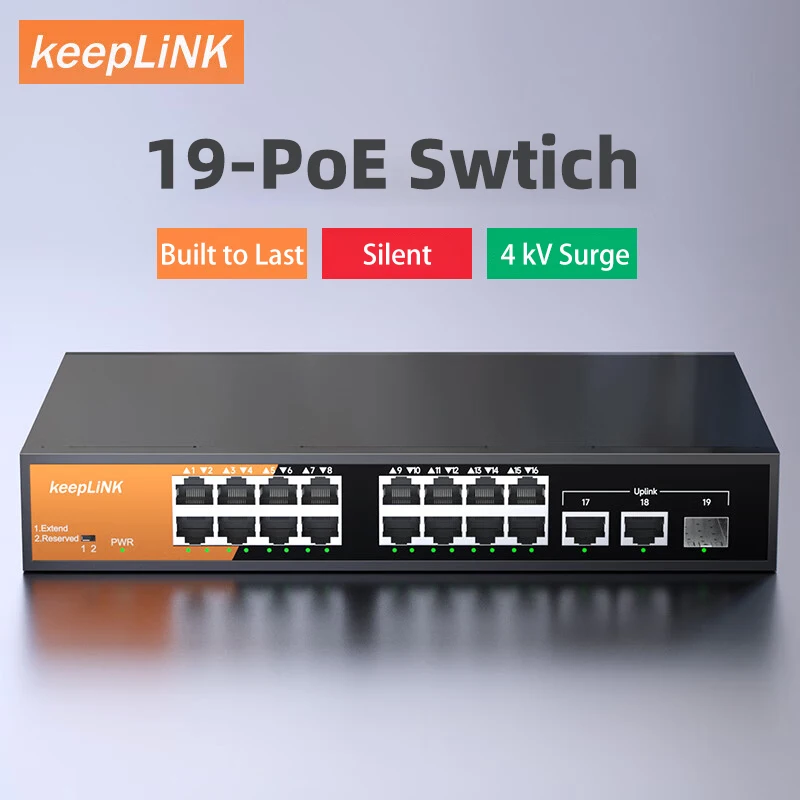 Switch Ethernet KeepLink de 19 portas com Gigabit 19-PoE 10/100M e 2-100/1000M e 1-SFP para Uplink não gerenciado