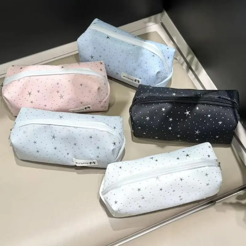 Canvas Star Print Pencil Case Multicolor Zipper Pen Pouch Large Capacity Portable Stationery Cosmetic Storage Bag