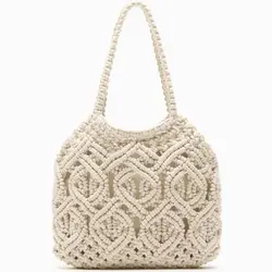 2024 New Small Female Bag Beach High-quality Cotton Rope Braided Bag Literary Hollow Hand Rope Tied Single Shoulder Straw Bag