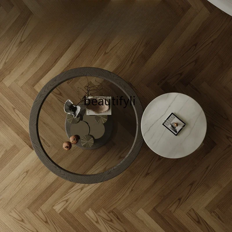 

LJYItalian minimalist round coffee table, solid wood ash wood glass marble living room household small apartment designer