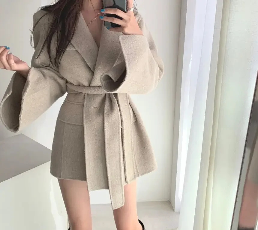 2023 New Autumn And Winter New Wool Coat Casual Lace-Up Mid-Length Woolen Suit British Style Slim Fit Outerwear Women Clothes