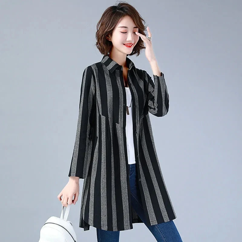 

Cotton Mother Striped Shirt Women's 2023 Spring and Autumn Slim Long Sleeve Blouse Tops Medium Length Women Casual Clothing 4XL