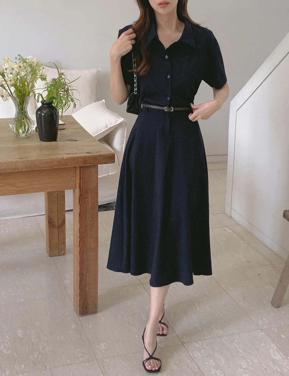 Autunno coreano vintage elegante chic abito lungo da donna bavero manica corta cintura in vita abito camicia minimalista da ufficio signora