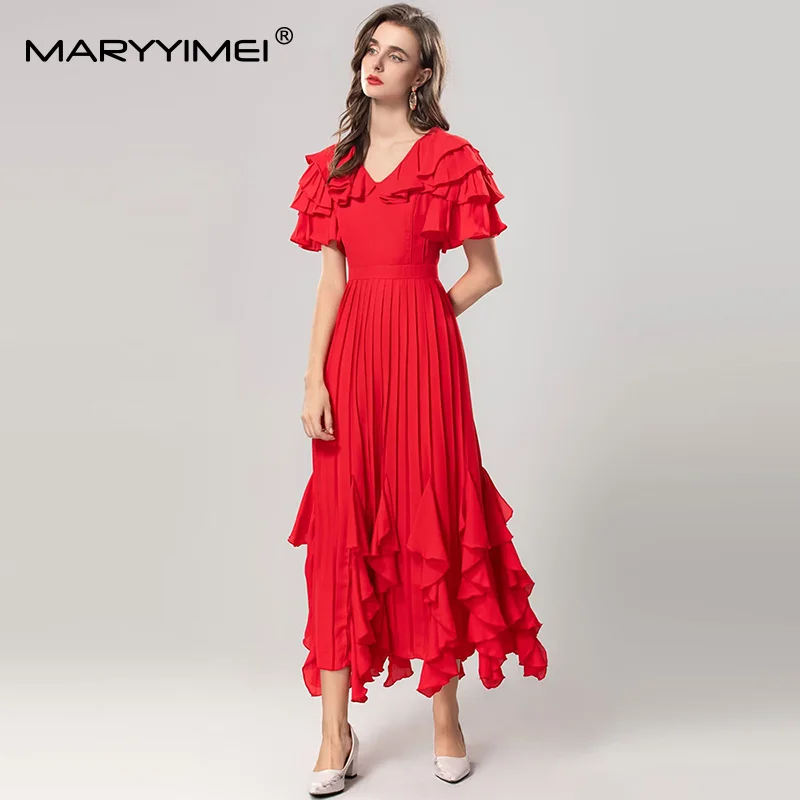 

MARYYIMEI Solid Butterfly sleeve Slim Dress For Women V-Neck Flounced Edge High waist Elegant Pleated Splicing Dresses