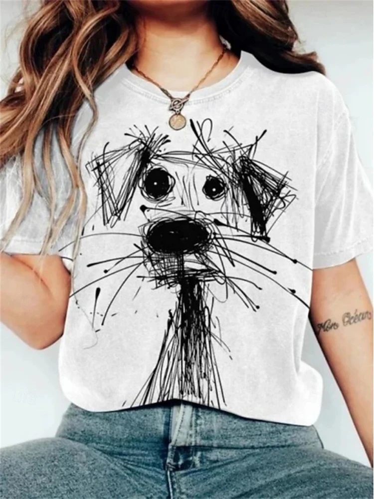 Women's Summer Round-Neck Casual T-Shirt: Artistic Short-Sleeve T-Shirt with Abstract Line Dog Print Minimalist Streetwear Top