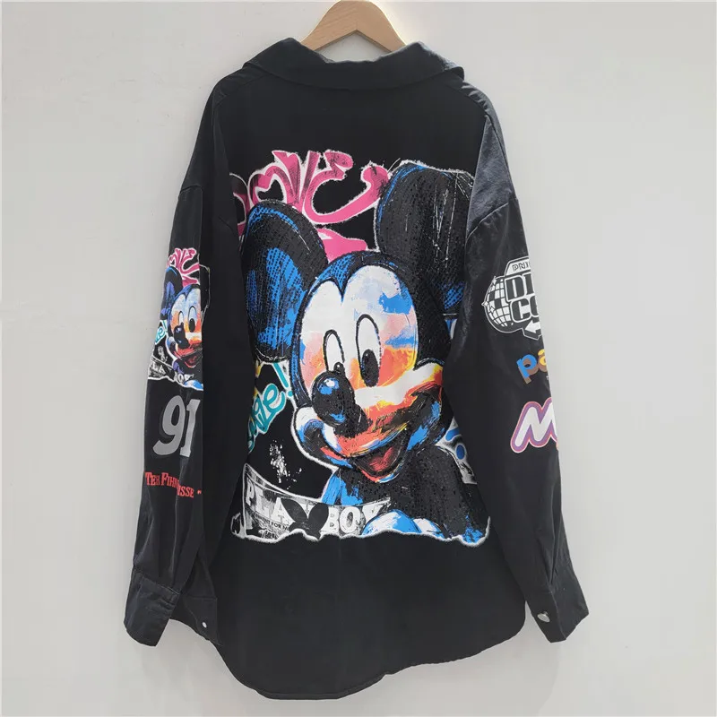 European Fashion Cartoon Print Long Sleeve Shirt for Women Early Autumn New European Style Printed Loose Coat Denim Jacket