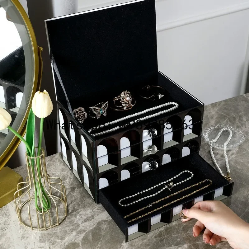 A-2. Jewelry box: Large capacity exquisite earrings, necklaces, rings, jewelry storage boxes, glass mirrors
