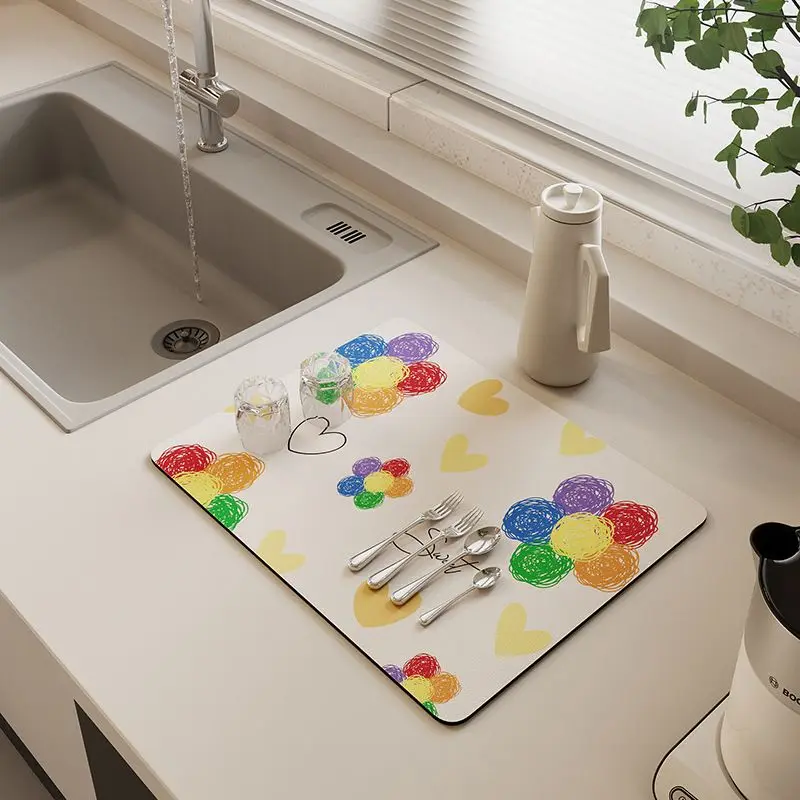 VIKAMA Graffiti Rainbow Flowers Love Kitchen Drain Pad, Anti-Slip Coffee Machine Tableware, Protective Pad