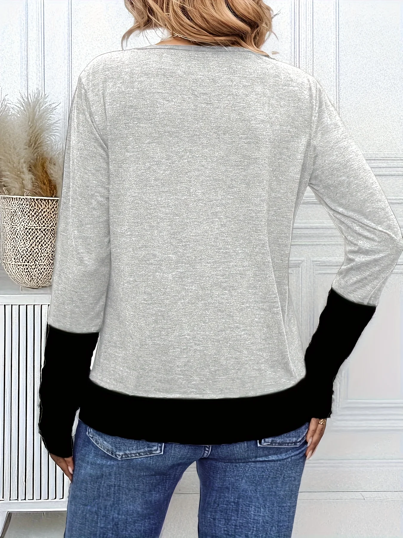 Langärmliges Color-Block-Tunika-Oberteil für Damen in Übergröße für den trendigen Alltag. – Detail 8