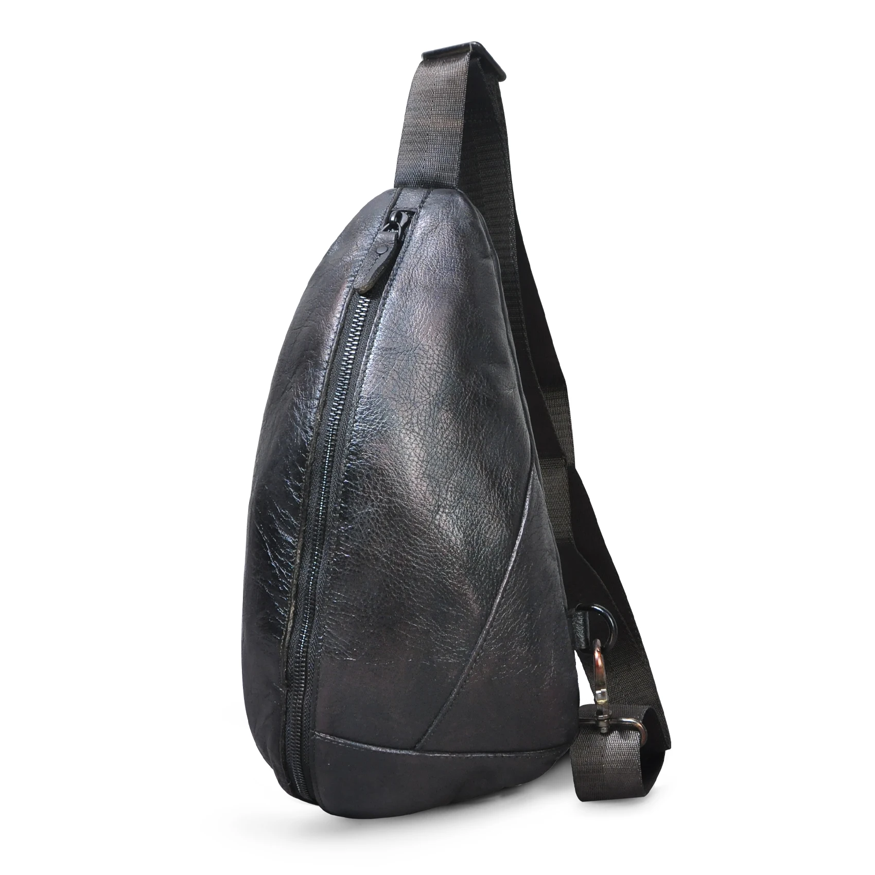 

Hot Sale Men Quality Leather Fashion Tringle Chest Bag Black Design Male Sling Crossbody One Shoulder Bag Backpack Daypack 5059