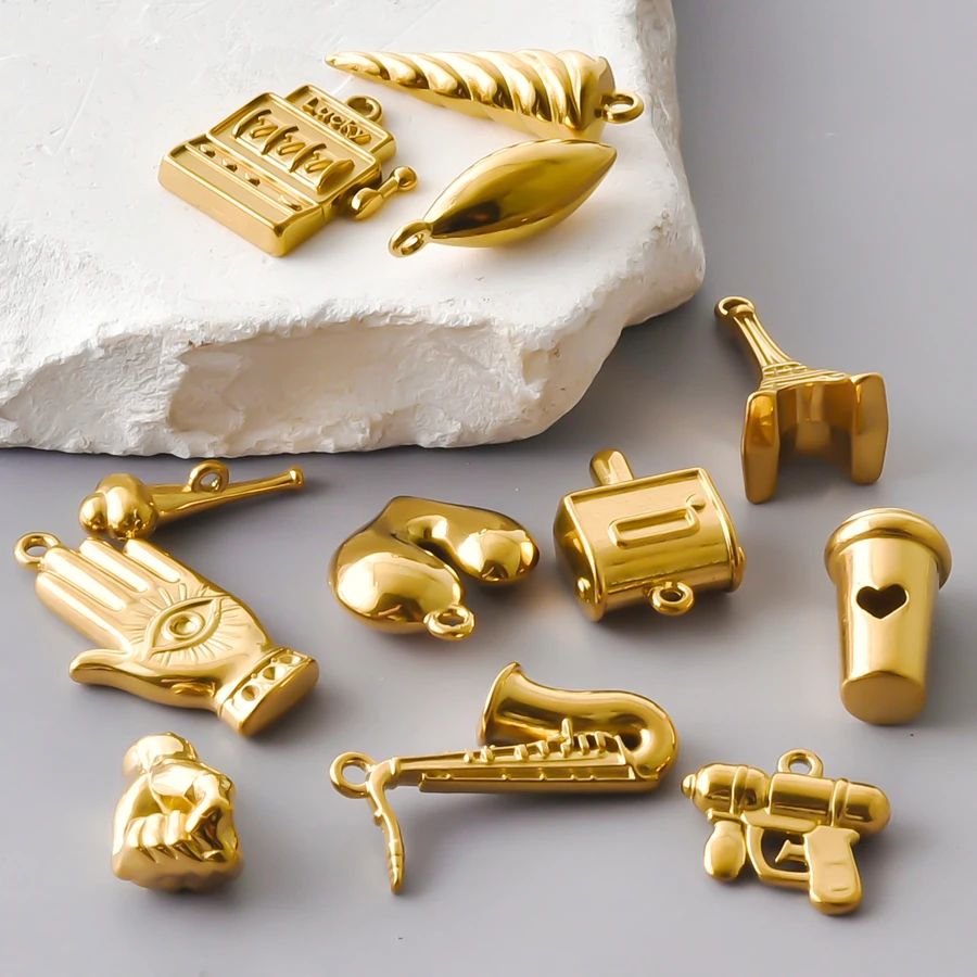 6Pcs High Quality Real Gold Plated Pendant Coffee Cup Saxophone Gun Hand Eye Tower Charm DIY Bracelet Necklace Earrings Jewelry