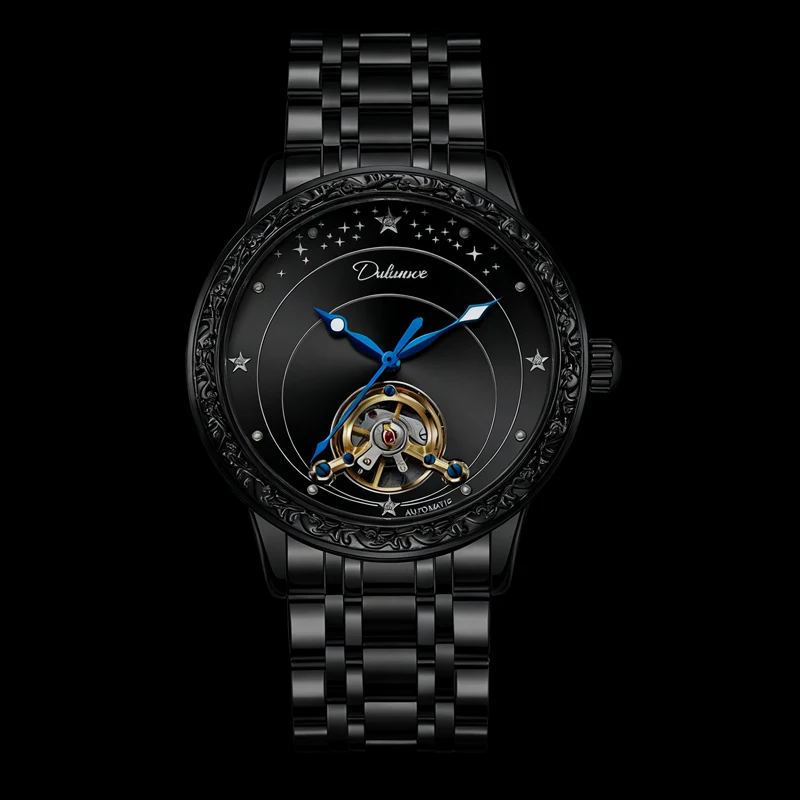 Dulunwe العلامة التجارية الفاخرة الرجال توربيون الساعات الرجالية الأسود الصلب التلقائية الميكانيكية ووتش الذكور Relogio Masculino