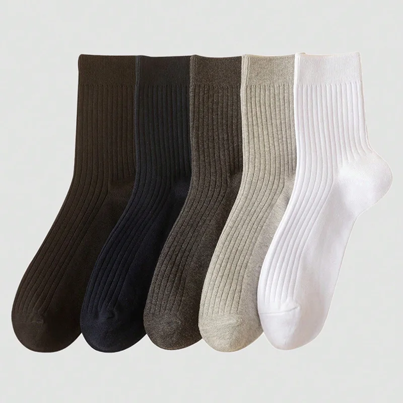 5pairs Men\'s Business Solid Color Mid Tube Crew Socks, Sweat Absorbing Anti-odor Mixed Color Long Socks