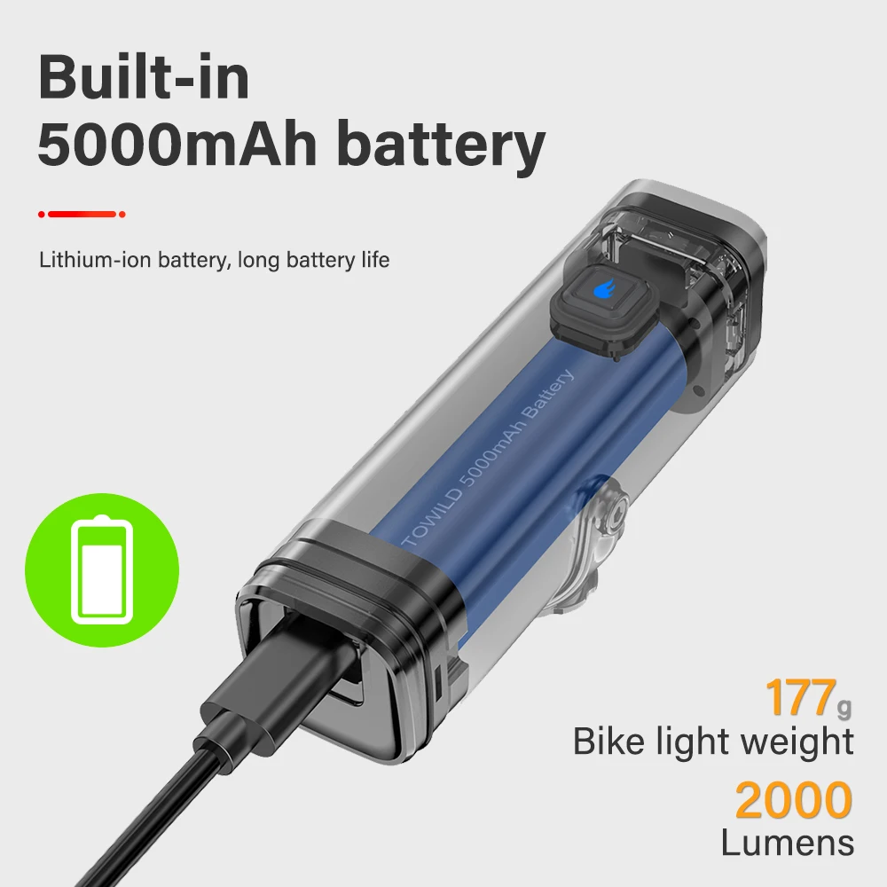 TOWILD CL2000 إضاءة دراجة هوائية مع شعاع خط القطع 2000LM قابلة للشحن 5000mAh Led الدراجة الجبهة أضواء IPX6 الجبلية الدراجات العلوي