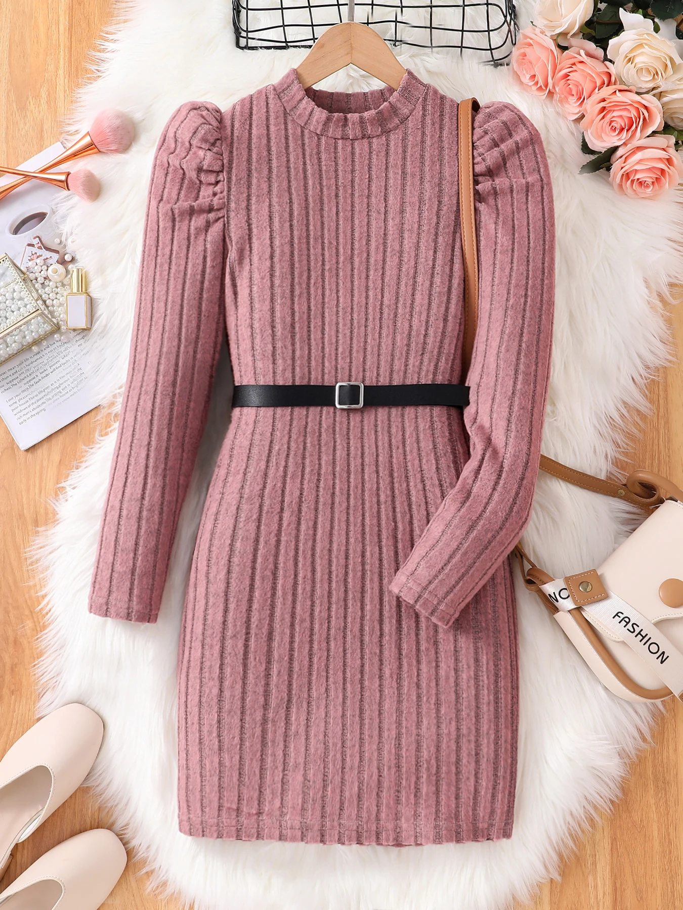 Children's Clothing Women's Autumn Fashion Knitted Dress - Pink Knitted Round Neck Dress 8-12Y