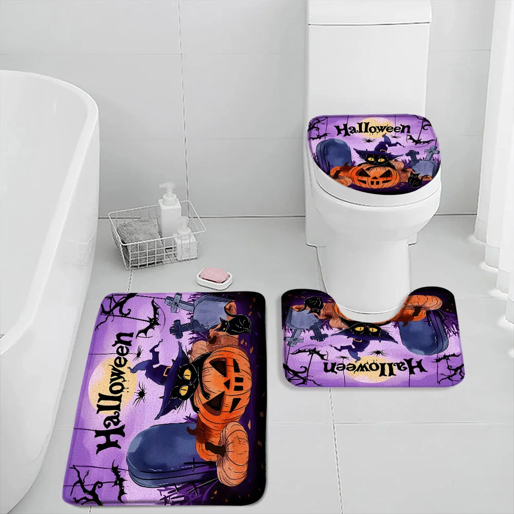 Black Witch Cat Halloween Bath Mat Set Bathroom Decor Full Moon Horror Night Evil Pumpkin Graveyard Bath Rug Toilet Seat Cover