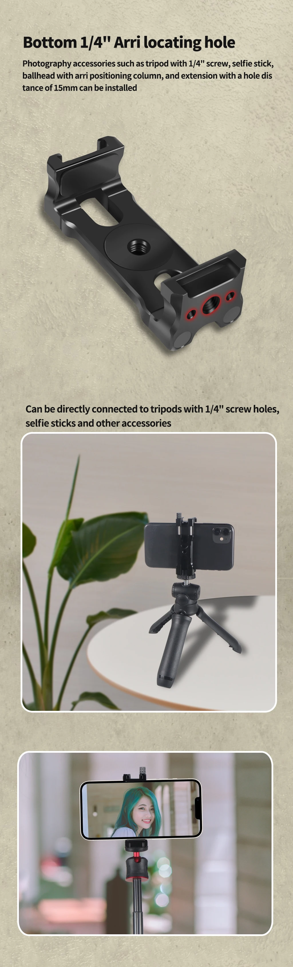 BGNing Handy-Clip-Monitorhalterung aus Aluminiumlegierung mit 1/4-Zoll-Arri-Positionierungsloch, Schnellverschluss für 62–87 mm große Smartphones – Detail 7