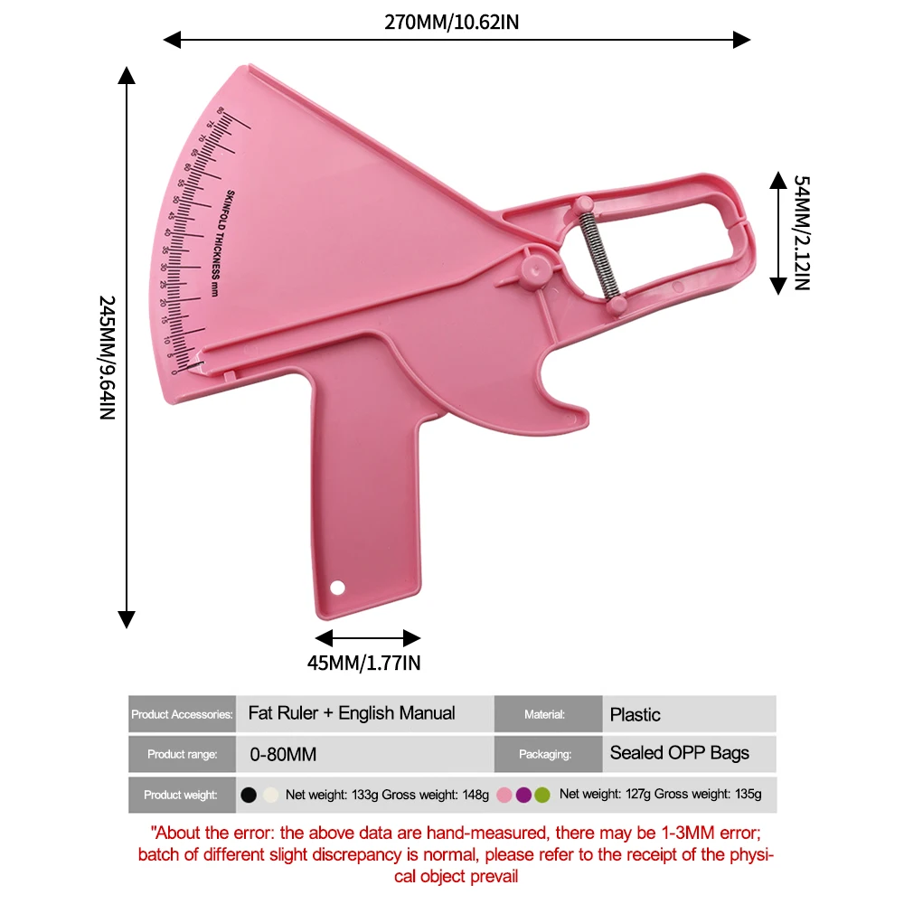 Precision Skinfold Caliper Measuring Body Fat 1.0 mm Measure up to 80mm in Skin Fold Thicknes 5 Colors Thickness Gauge Mini Tool