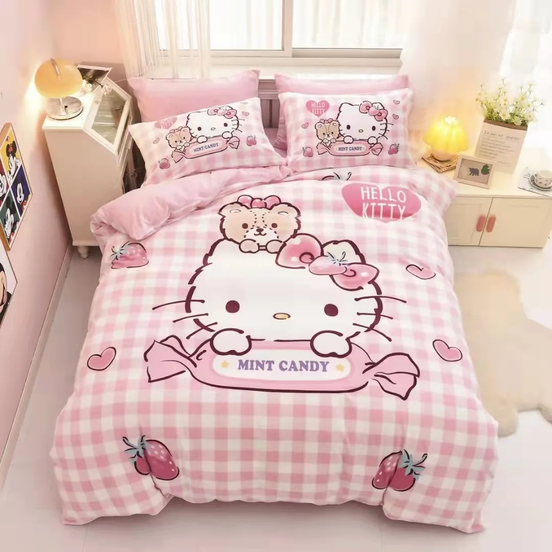 Imagem -02 - Pink Hello Kitty Bedding Conjunto para Crianças Anime Comforter Cover Cartoon Duvet Cover Decoração do Quarto Presentes de Aniversário Full Size