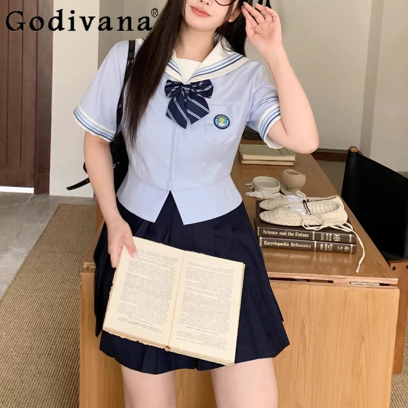 

Summer New Elegant Sweet Blue Sailor Collar Short Sleeve Slim Top Cute Girls High Waist Age Reduction Cyan Color Japanese Skirt