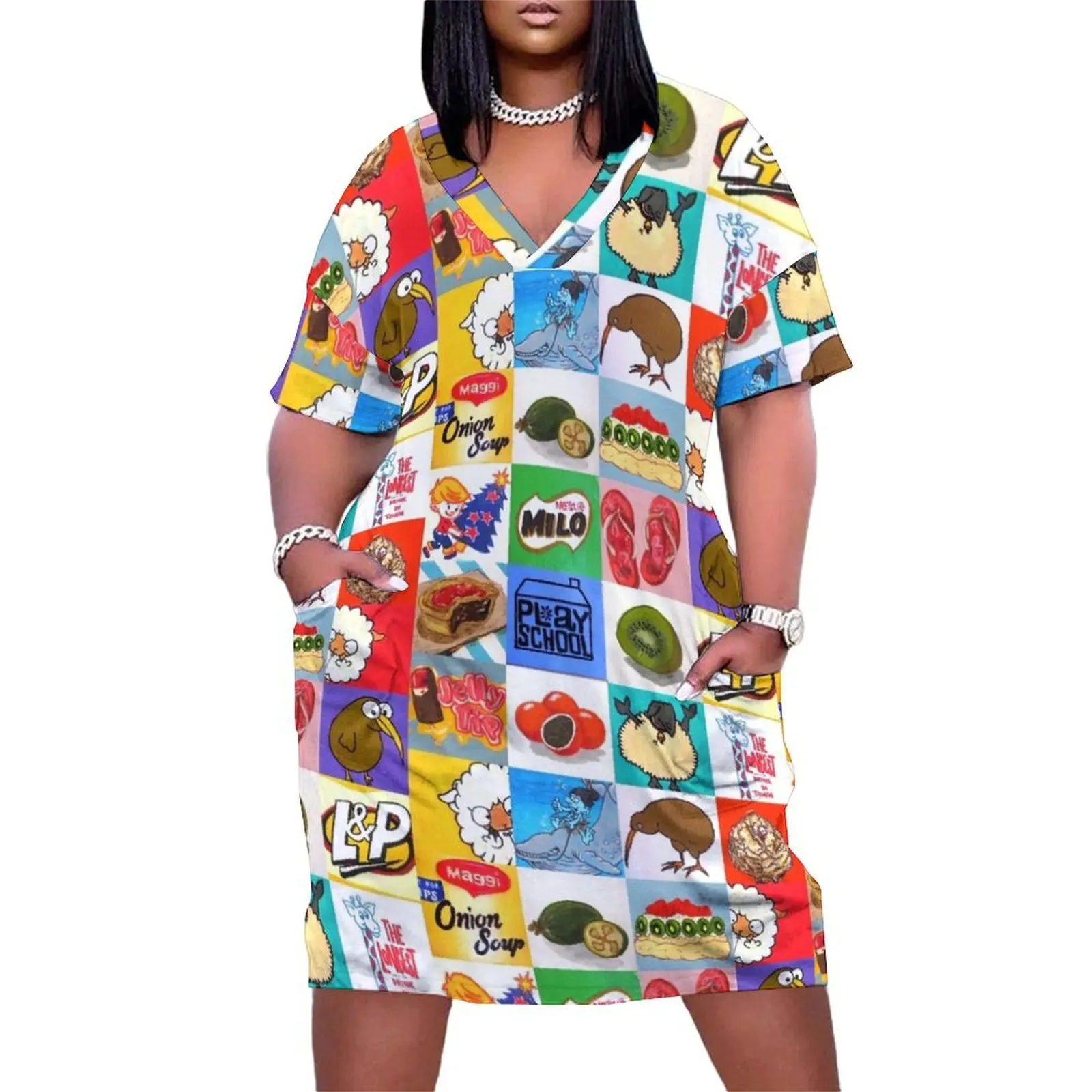 

Kiwiana food and drink icons collage Loose Pocket Dress women clothes women party dresses