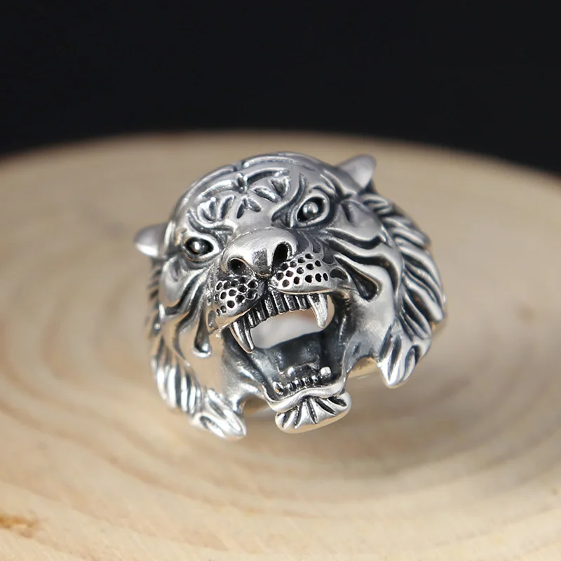 Personality Retro Silver 925 Ring For Men Finger Accessories Exquisite Carving Tiger Head Ring Domineering Male Jewelry