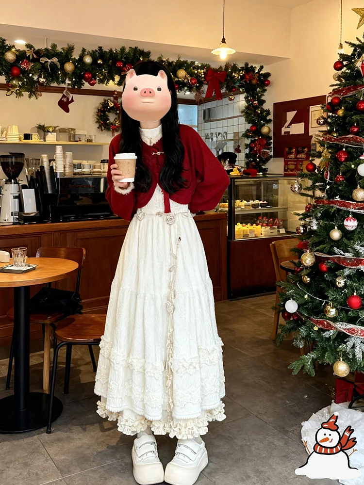 

Red Short Knitted Open Cardigan Sweater Slim Base Layer Top Lace Half-length Skirt Three-piece Set Autumn Winter New Style