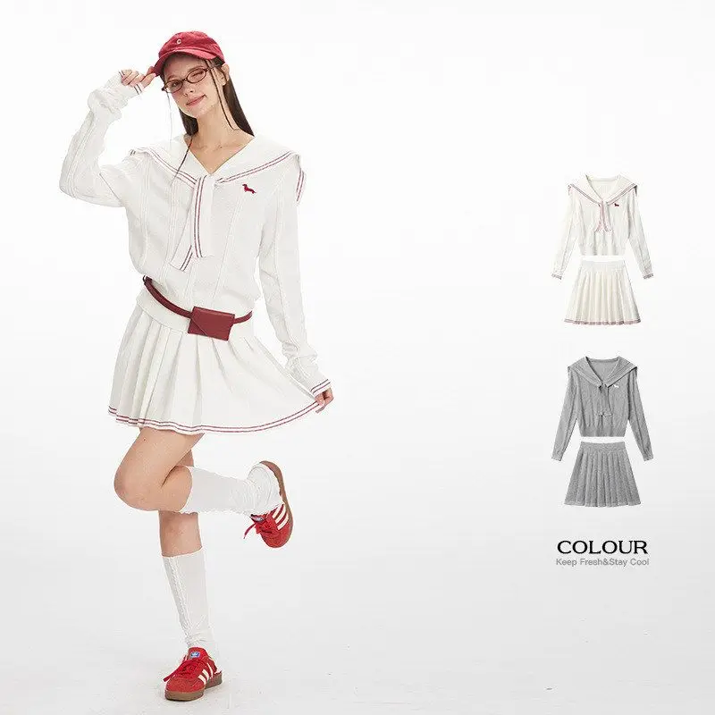 Zestaw HeyHenry: Delikatny, dzianinowy komplet jesienny, spódnica w kratę, długość do kolan, styl uniwersytecki, słodki, kobiecy, modny zestaw.