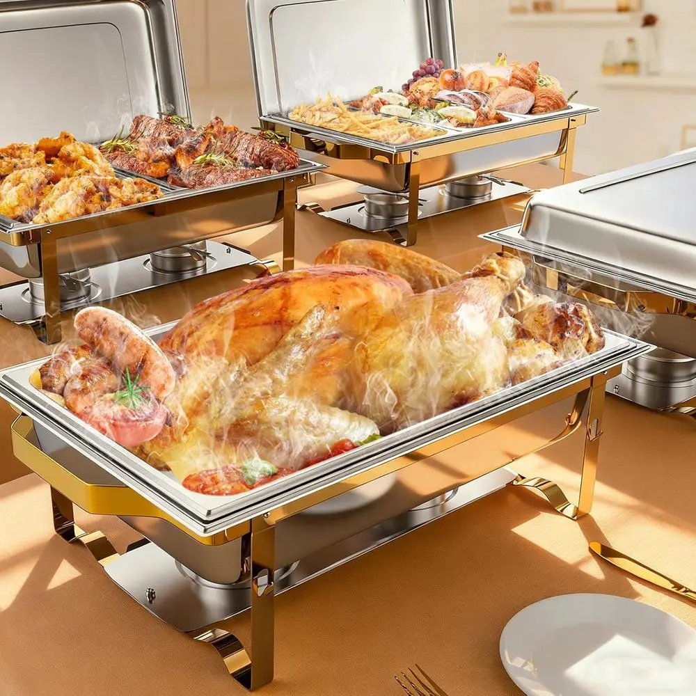 

4-Pack 9-Quart Buffet Chafing Dishes with Thickened Stainless Steel and Rolled Edges for Party Catering and Weddings in Gold & S