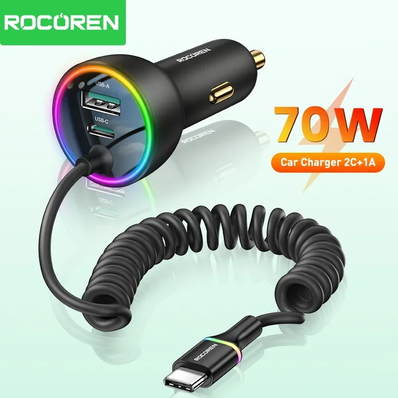 Rocoren 70W USB C Car Charger With Spring LED Cable Fast Charge Type-C USBC Car Charging Adapter For iPhone 16 15 Pro Max Xiaomi