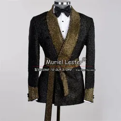 Sparkly Wedding Suits For Men Gold Lapel Blazer With Belt Bespoke 2 Pieces Groom Tuxedos Male Fashion Business Dinner Clothing