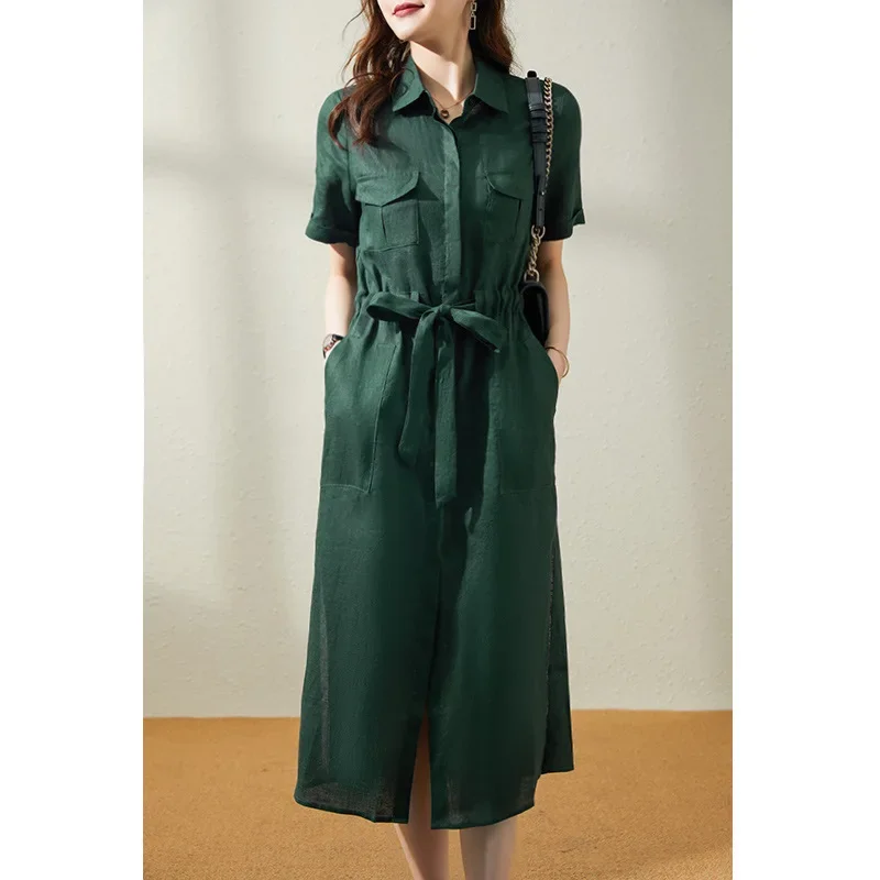 Upgrade Workwear Style Dark Green Linen Shirt Dress 2024 Summer New Women's Pure Linen Turn-down Collar Dress Age Reducing