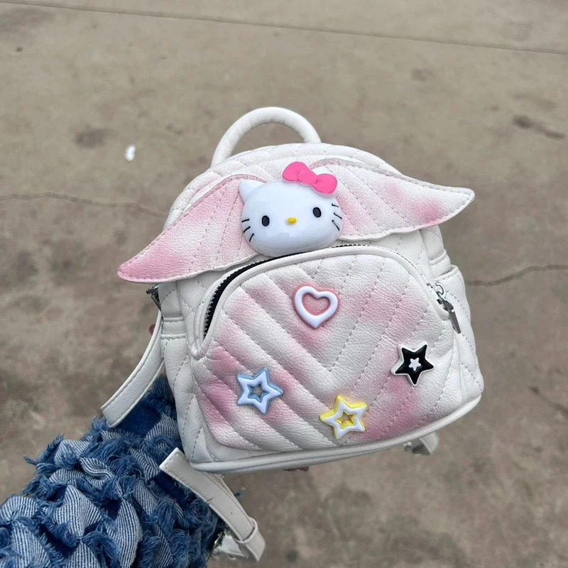 Kawaii Y2K Hellokitty Pu Pink Bag Anime Cartoon Star Print Wing Shape Large Capacity Computer Outing Storage Bag Cute Girl Gift