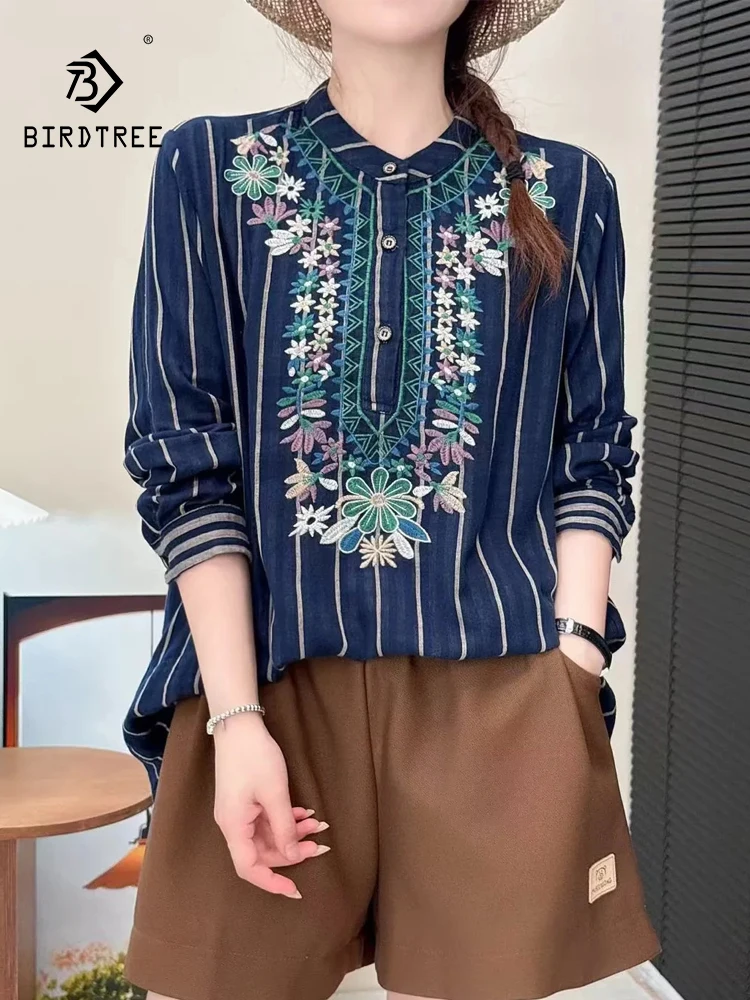 

Новинка 2025, осенняя хлопковая рубашка с длинным рукавом, женская свободная блузка с цветочной вышивкой, Mori Girl OL Retro Prairie Chic T59416CC