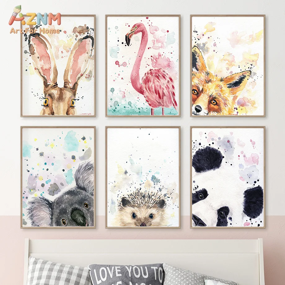 AZNM Frameless Canvas Poster Watercolor Wild Animal Print, Elephant Fox Hare Tiger Cub Splash Color Wall Art Picture for Baby Nu