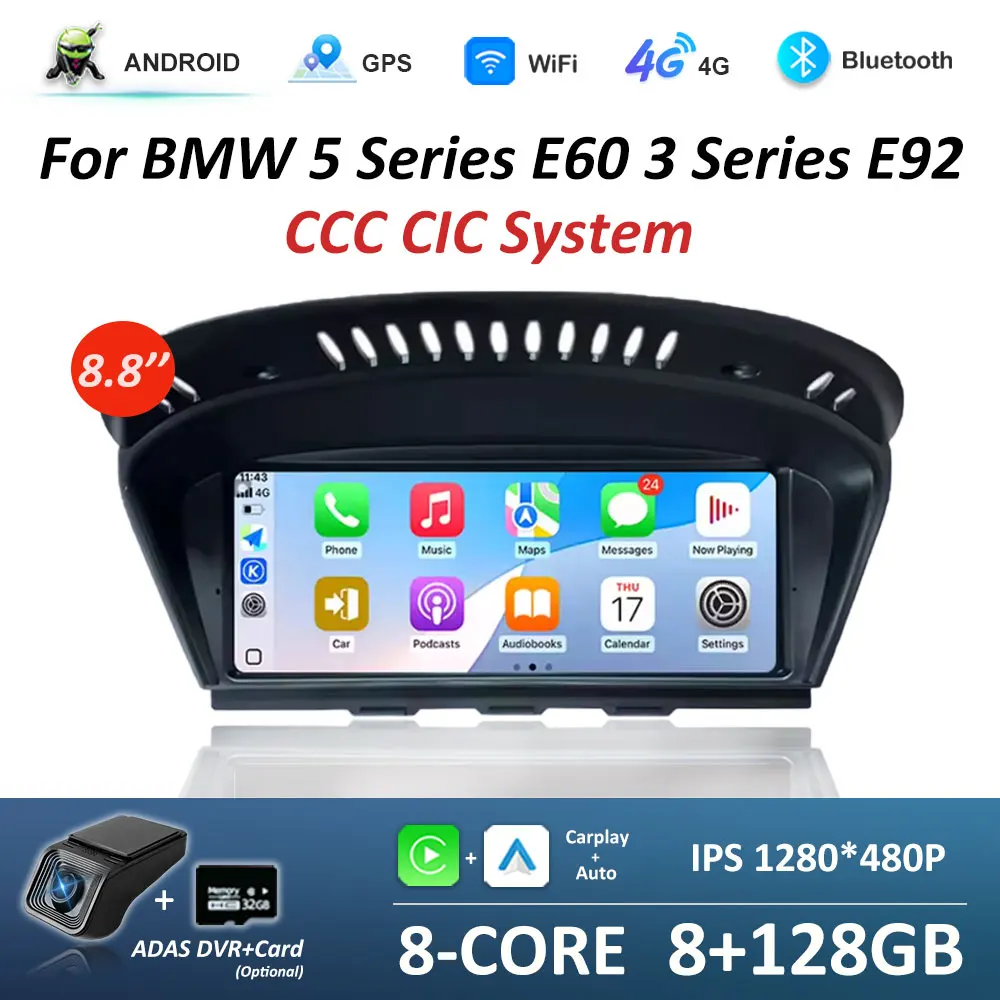 Беспроводная автомобильная мультимедийная радиосистема CarPlay Android 14, для BMW 5 3 серии E60 E61 E62 E63 E90 E91 E92 E93 CCC CIC GPS WIFI Проводной авто