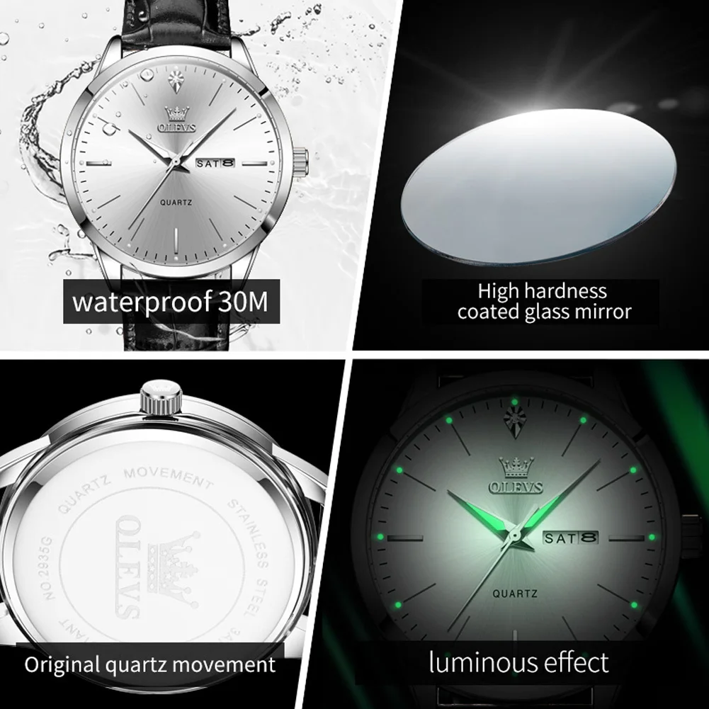 OLEVS 2935 Business Men\'s Watch Fashion Leisure Dual Calendar Waterproof Luminous Large Dial Watch Luxury Brand Men Quartz Watch