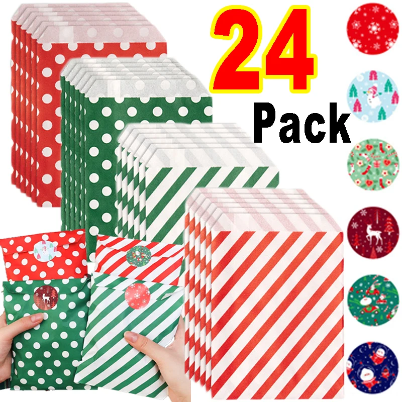 Christmas Paper Packaging Bags Christmas Goodies Treat Bags with Stickers Kraft Buffet Bags for Xmas Party Favor Paper Gift