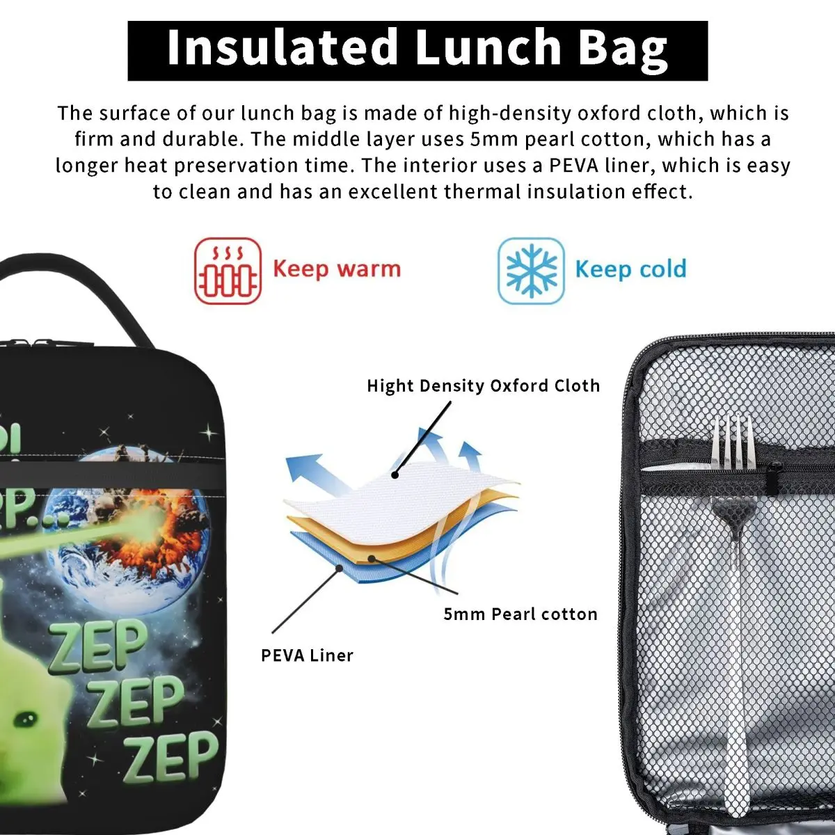 Glerp Glorp Alien Cat Weird Brainrot Meme Space Humor Insulated Lunch Bag Children Portable Food Boxes Thermal Lunch Box Tote