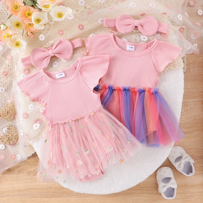 

Baby Summer Clothing Infant Newborn Baby Girl Short Sleeve Romper Dress Ribbed Tulle Patchwork Jumpsuits Headband Outfit