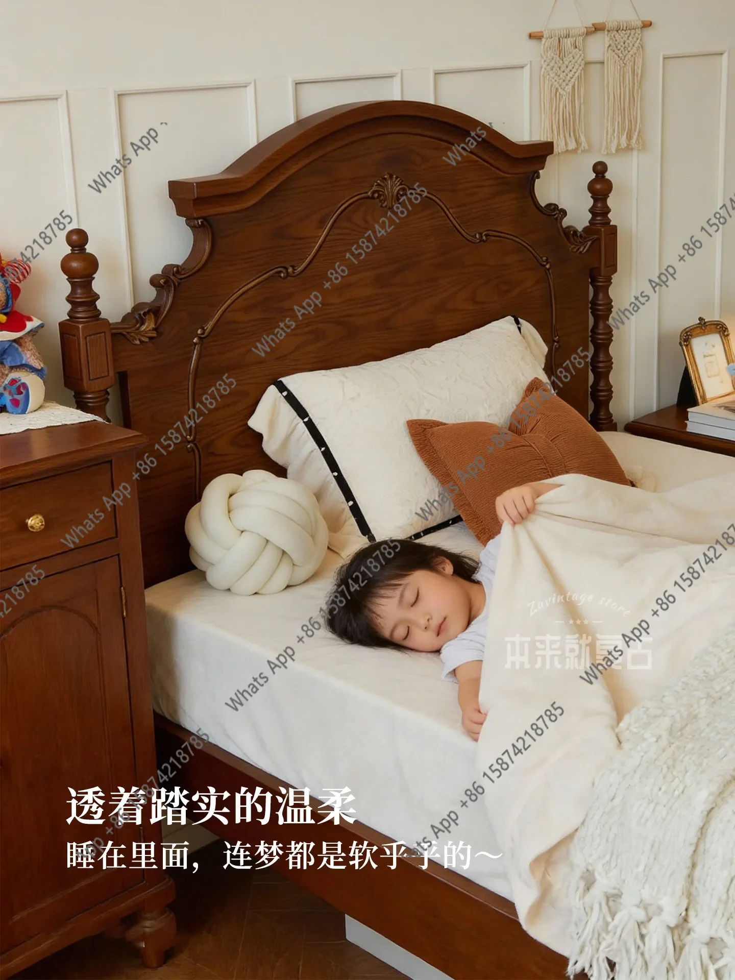X25 French Retro Solid Wood Children's Bed 1.35m 1.5m Medieval Single Double Bed Small Apartment